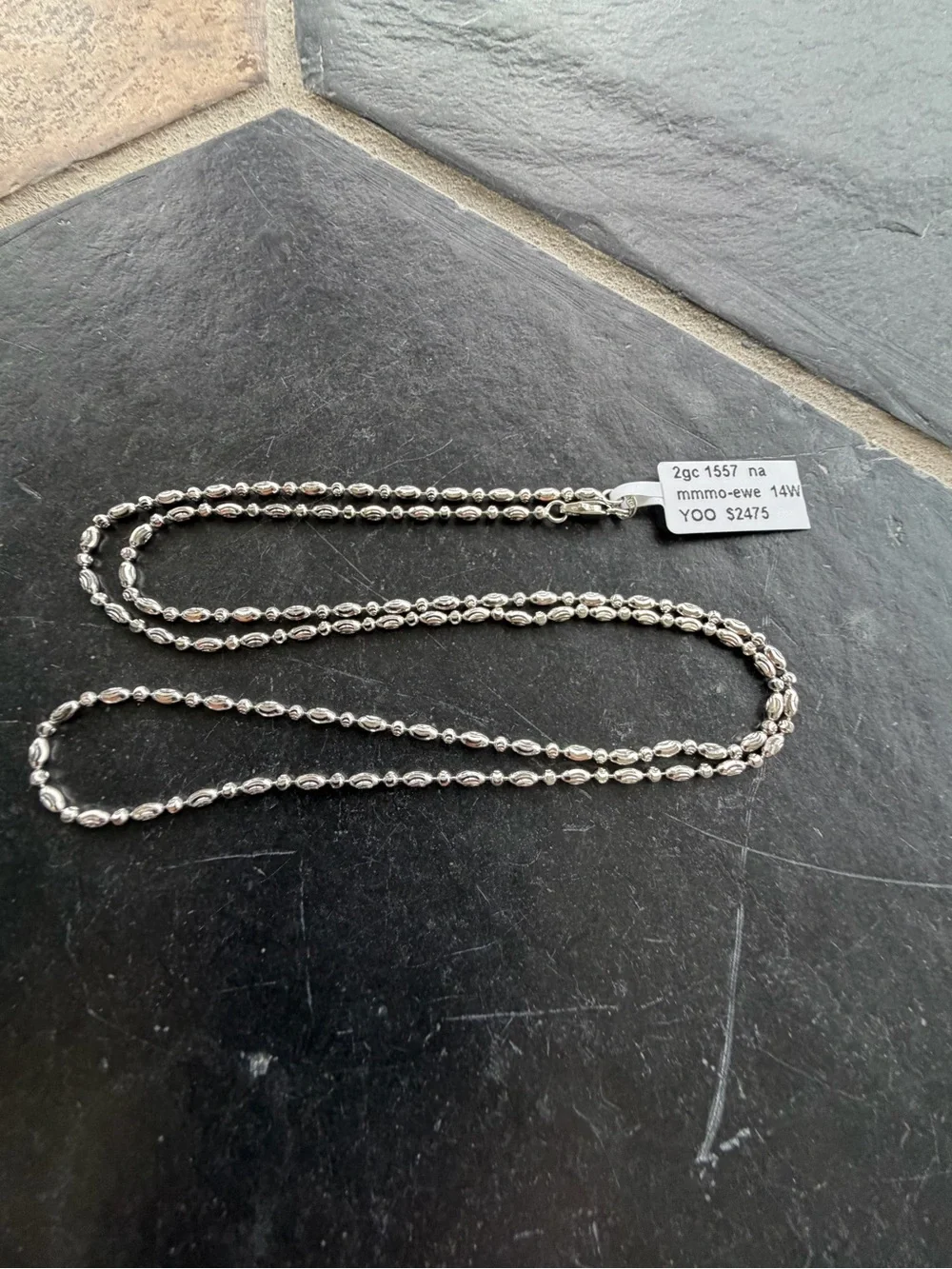 14kt. White Gold Mooncut Ovalia  Bead Chain Necklace  24” long